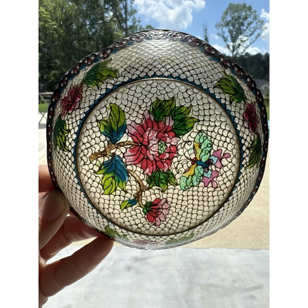 Chinese Cloisonné Plique-a-jour Translucent Bowl Dish Plate‎ Flowers & Butterfly